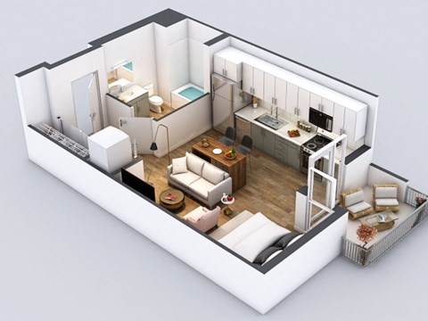Floor plan for studio, 1 bath, 496 sqft